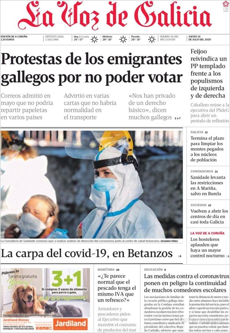 Portada La Voz de Galicia 2020-07-17