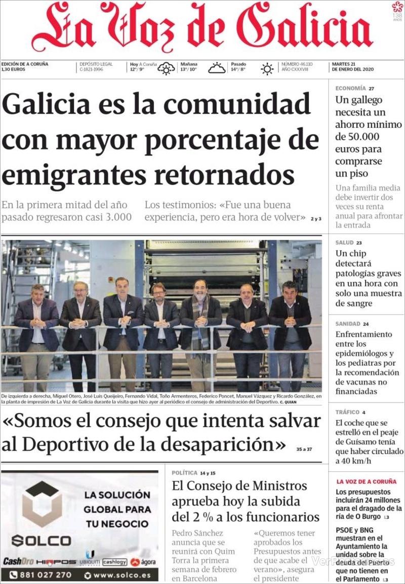 Portada La Voz de Galicia 2020-01-22