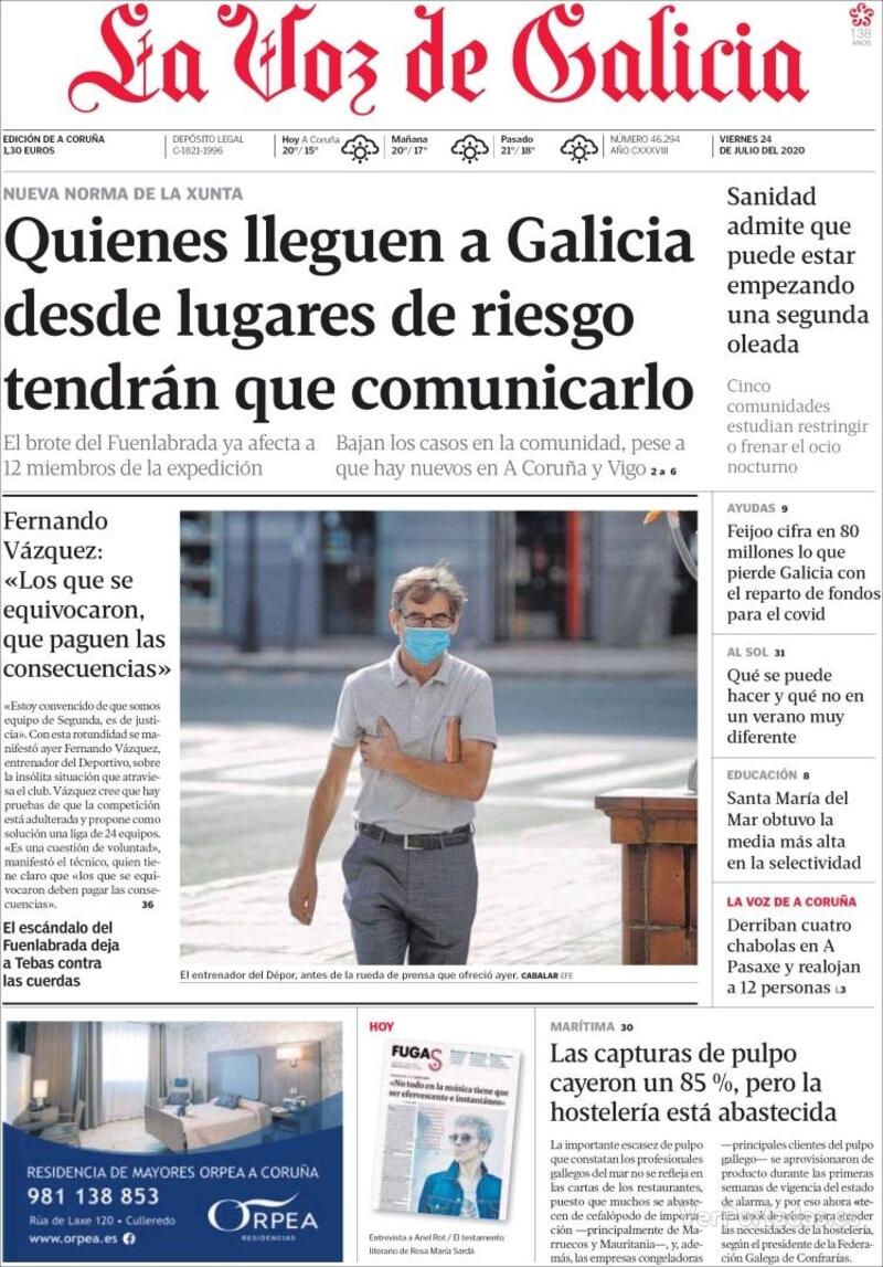 Portada La Voz de Galicia 2020-07-25