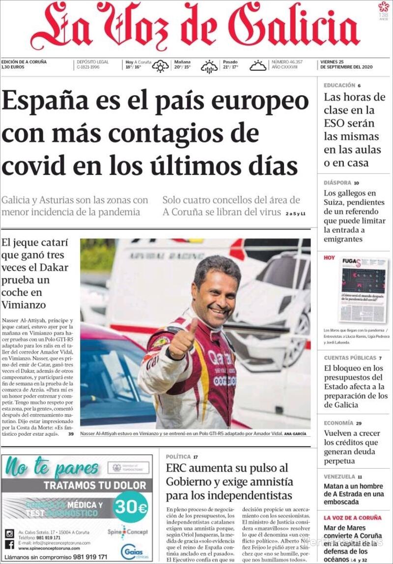 Portada La Voz de Galicia 2020-09-26