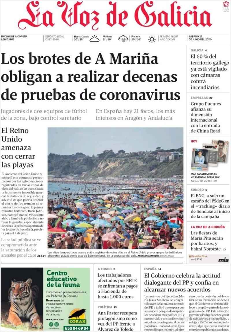 Portada La Voz de Galicia 2020-06-28