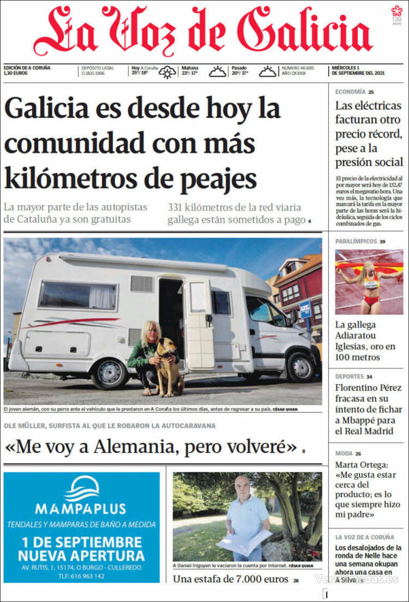 Portada La Voz de Galicia 2021-09-02