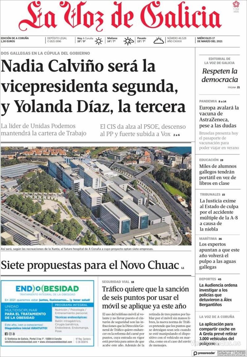 Portada La Voz de Galicia 2021-03-18