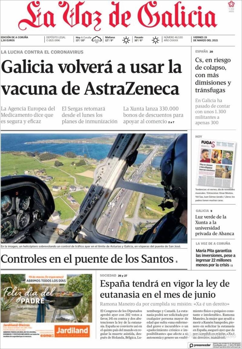 Portada La Voz de Galicia 2021-03-20