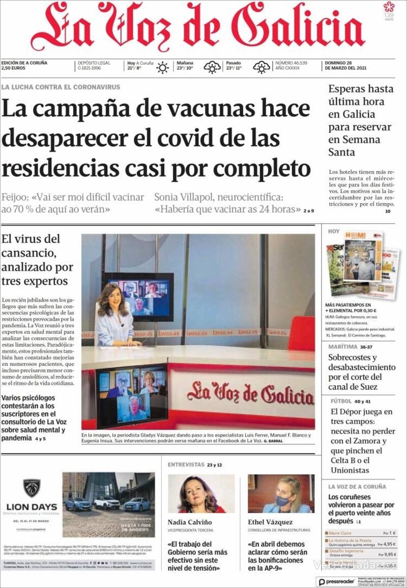 Portada La Voz de Galicia 2021-03-29