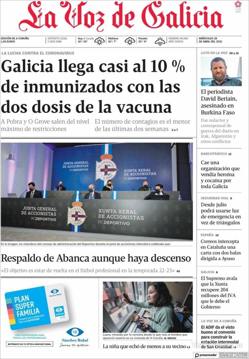 Portada La Voz de Galicia 2021-04-29