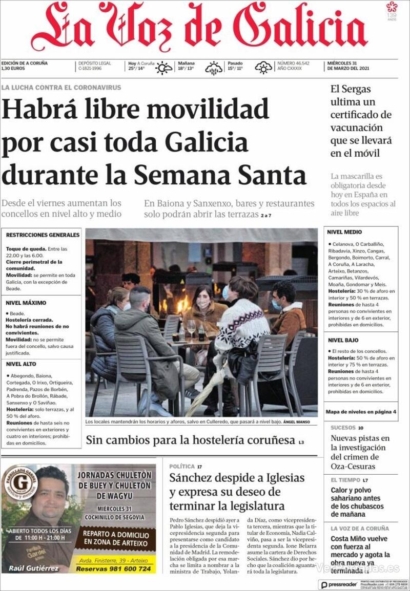 Portada La Voz de Galicia 2021-04-01