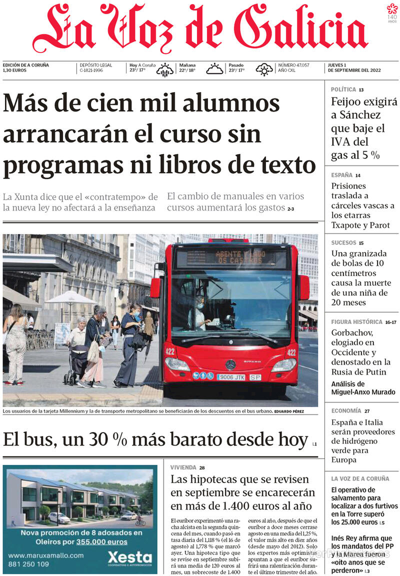 Portada La Voz de Galicia 2022-09-02