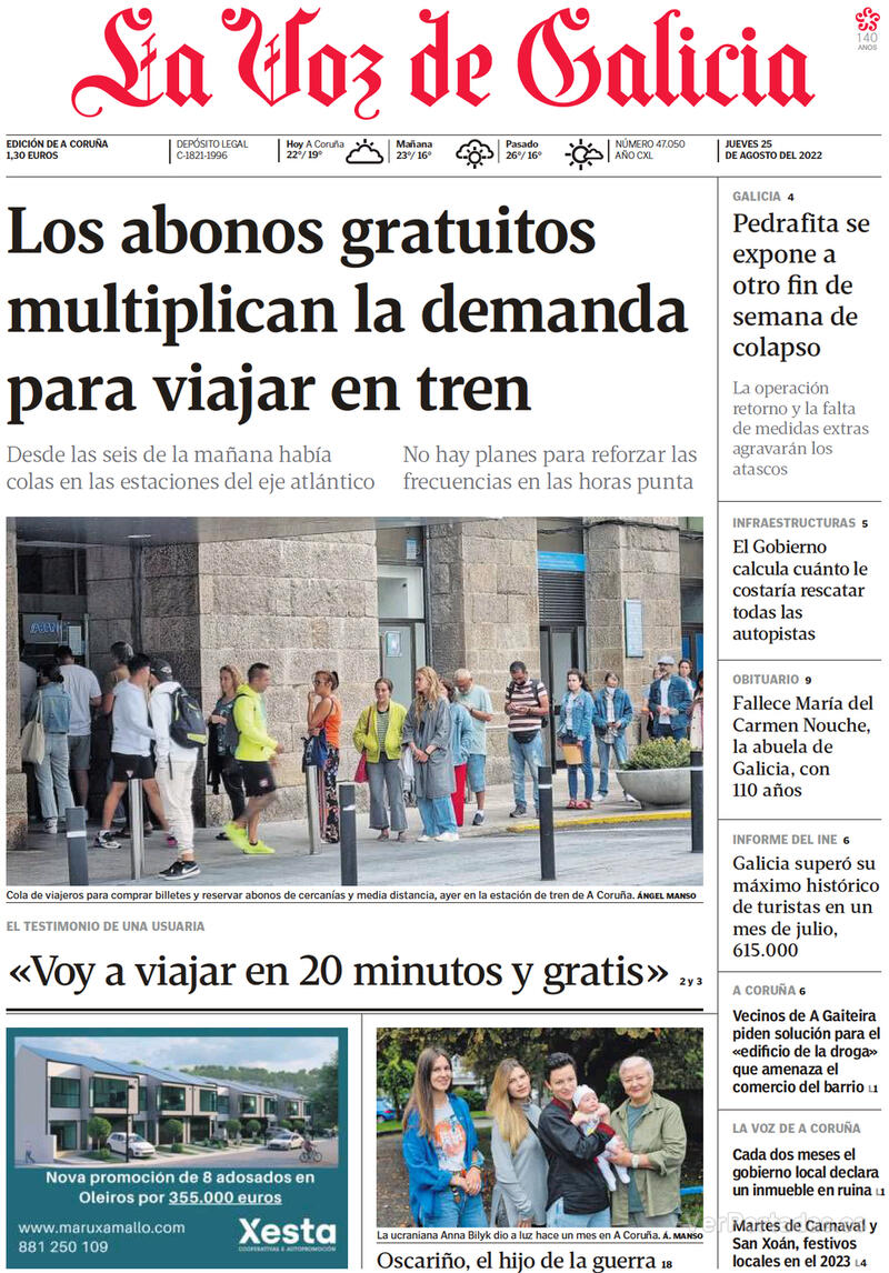 Portada La Voz de Galicia 2022-08-26