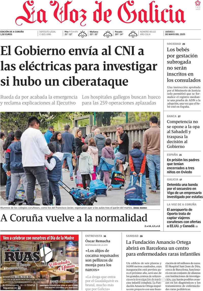 Portada La Nueva España 2025-05-01