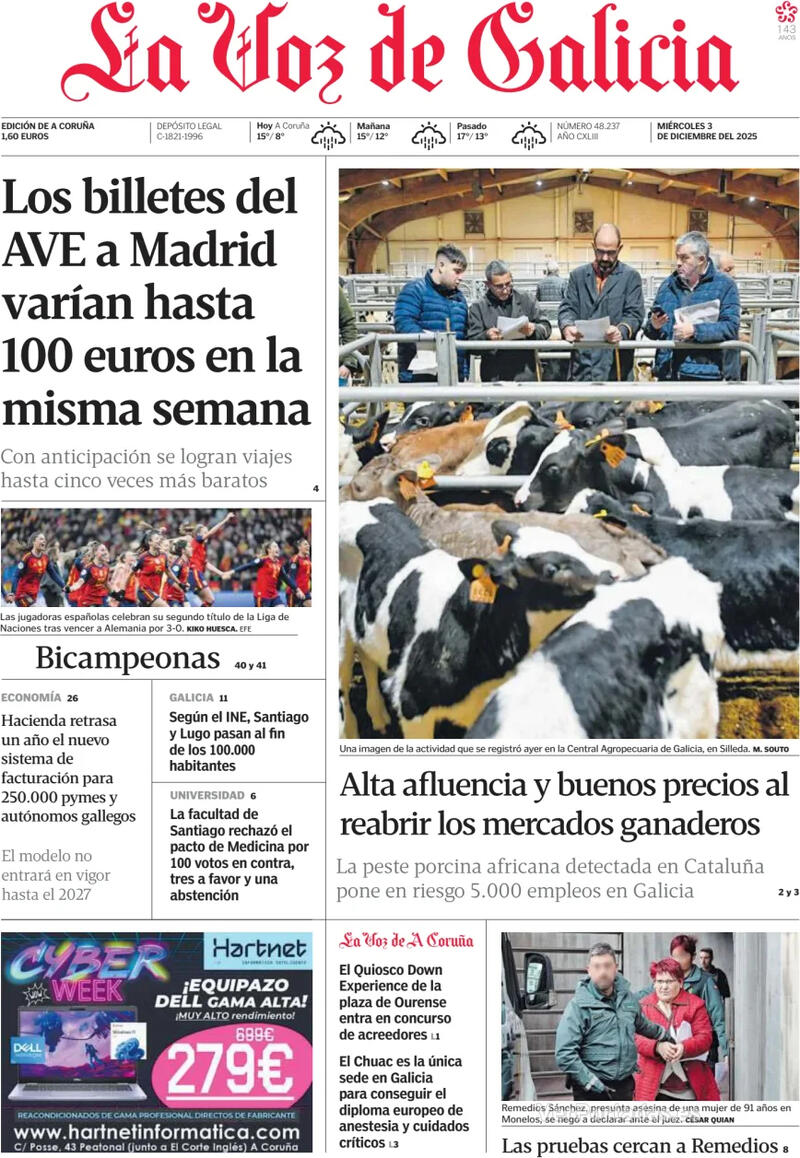 Portada La Nueva España 2025-12-03