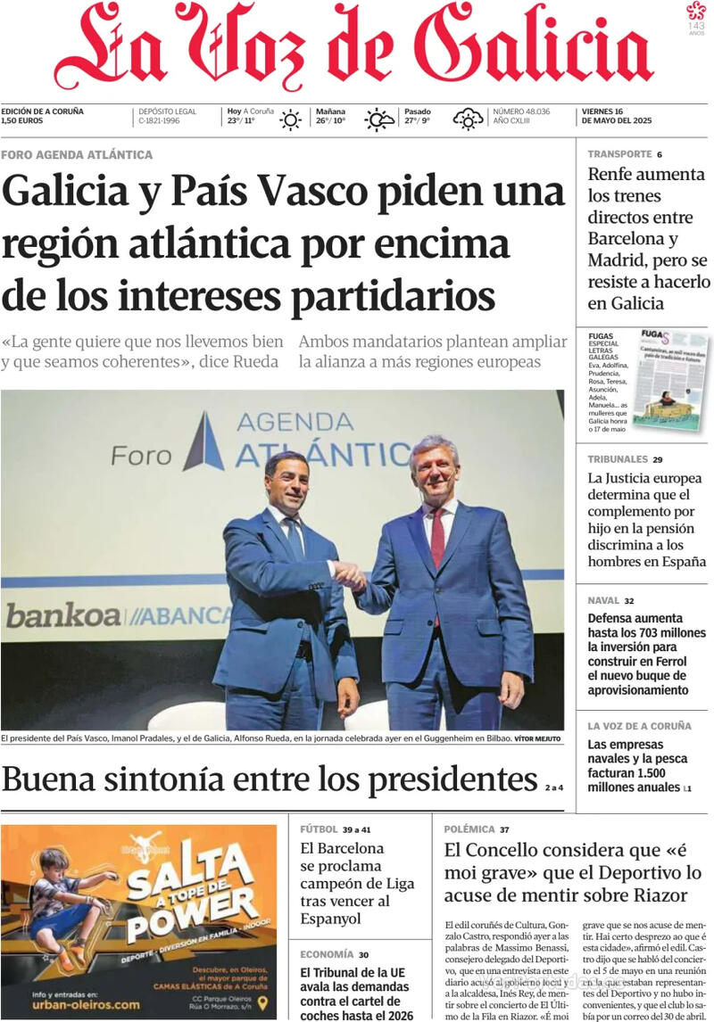 Portada La Nueva España 2025-05-16
