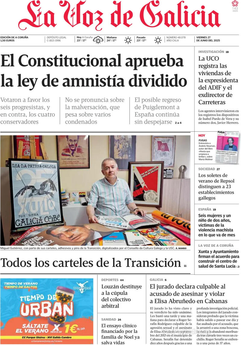 Portada La Nueva España 2025-06-27
