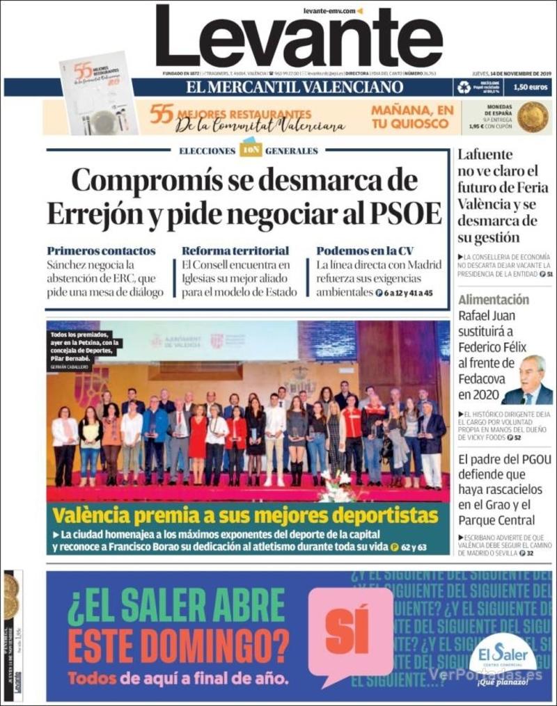 Portada Levante 2019-11-15