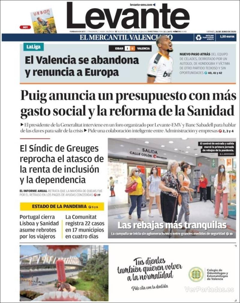 Portada Levante 2020-06-27