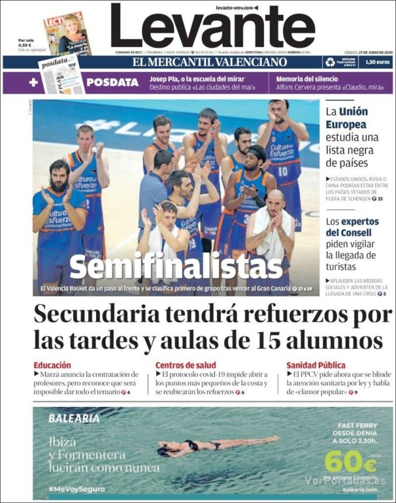 Portada Levante 2020-06-28