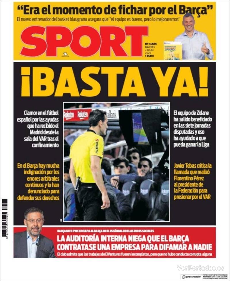 Portada de Sport Portada Mundo Deportivo 2020-07-07