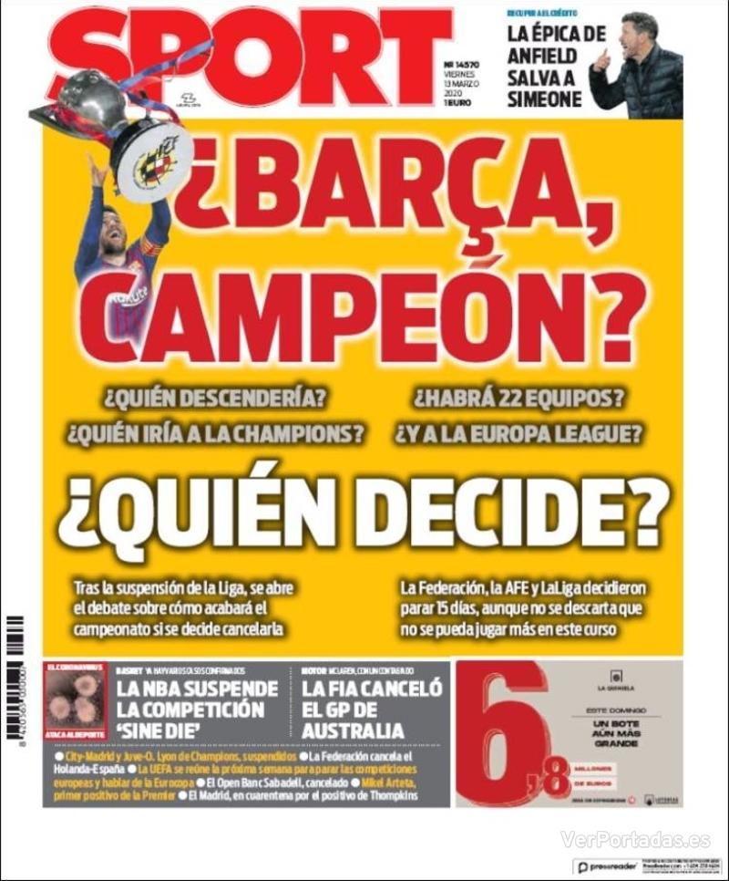 Portada Mundo Deportivo 2020-03-13